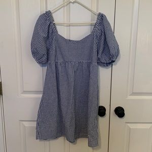 Blue and white gingham print dress